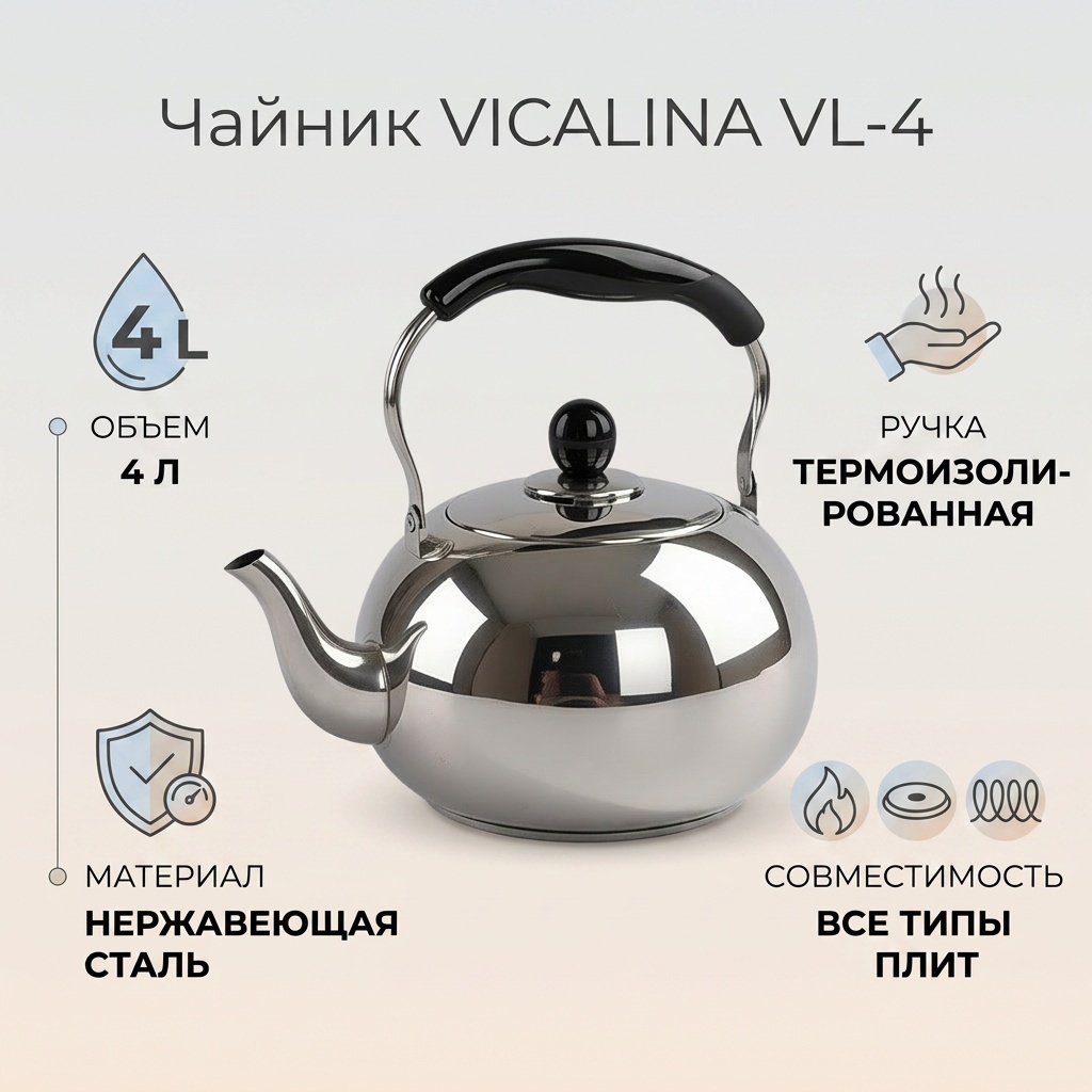 Vicalina чайник VL-4 4 л, нержавеющая сталь, 15x15 см