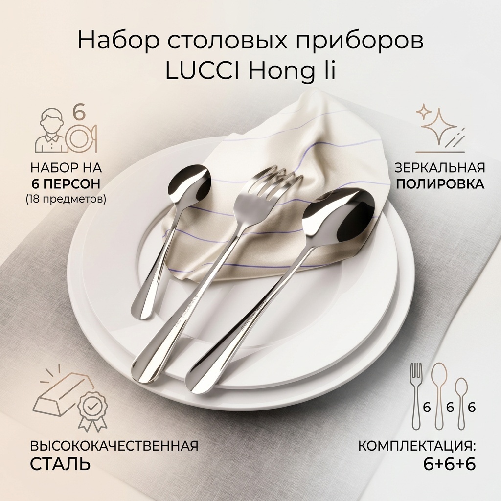 Набор столовых приборов LUCCI 1, 8, 18 шт, серебристый Hong li Набор столовых приборов 18 шт. LUC132105214