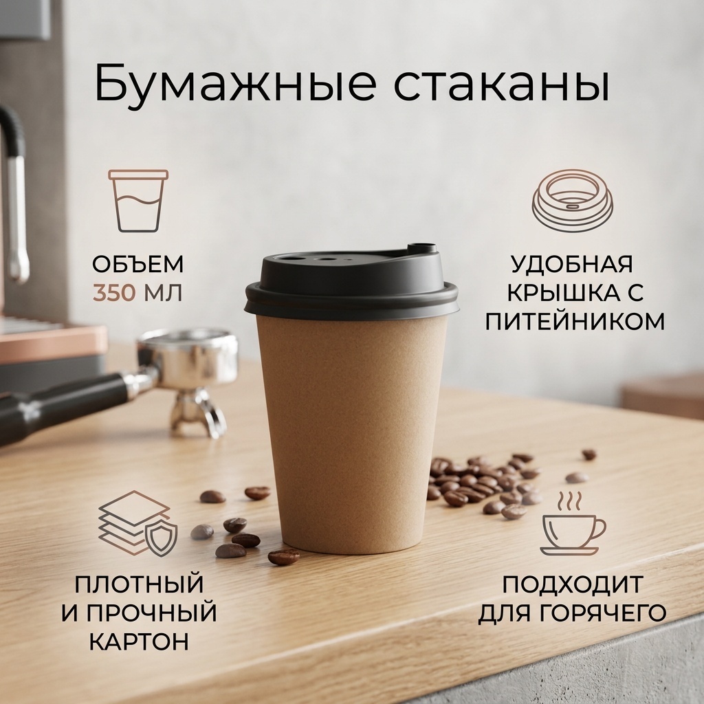 Стакан 16753355_350мл Бумажный стакан крышка с питейником коричневый 50 шт
