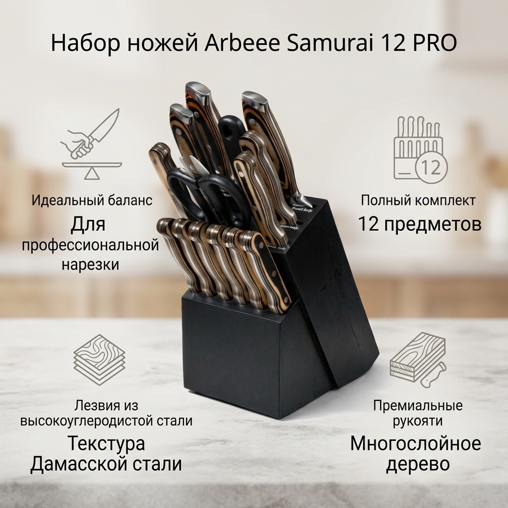Набор ножей Arbeee Samurai 12 PRO, лезвие: дамасская сталь 12 шт