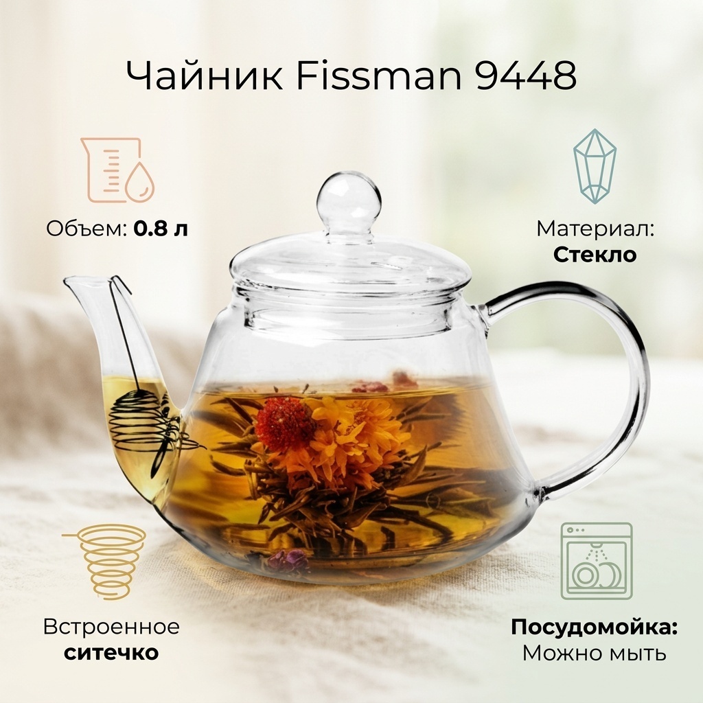Чайник Fissman 9448 0.8 л, стекло