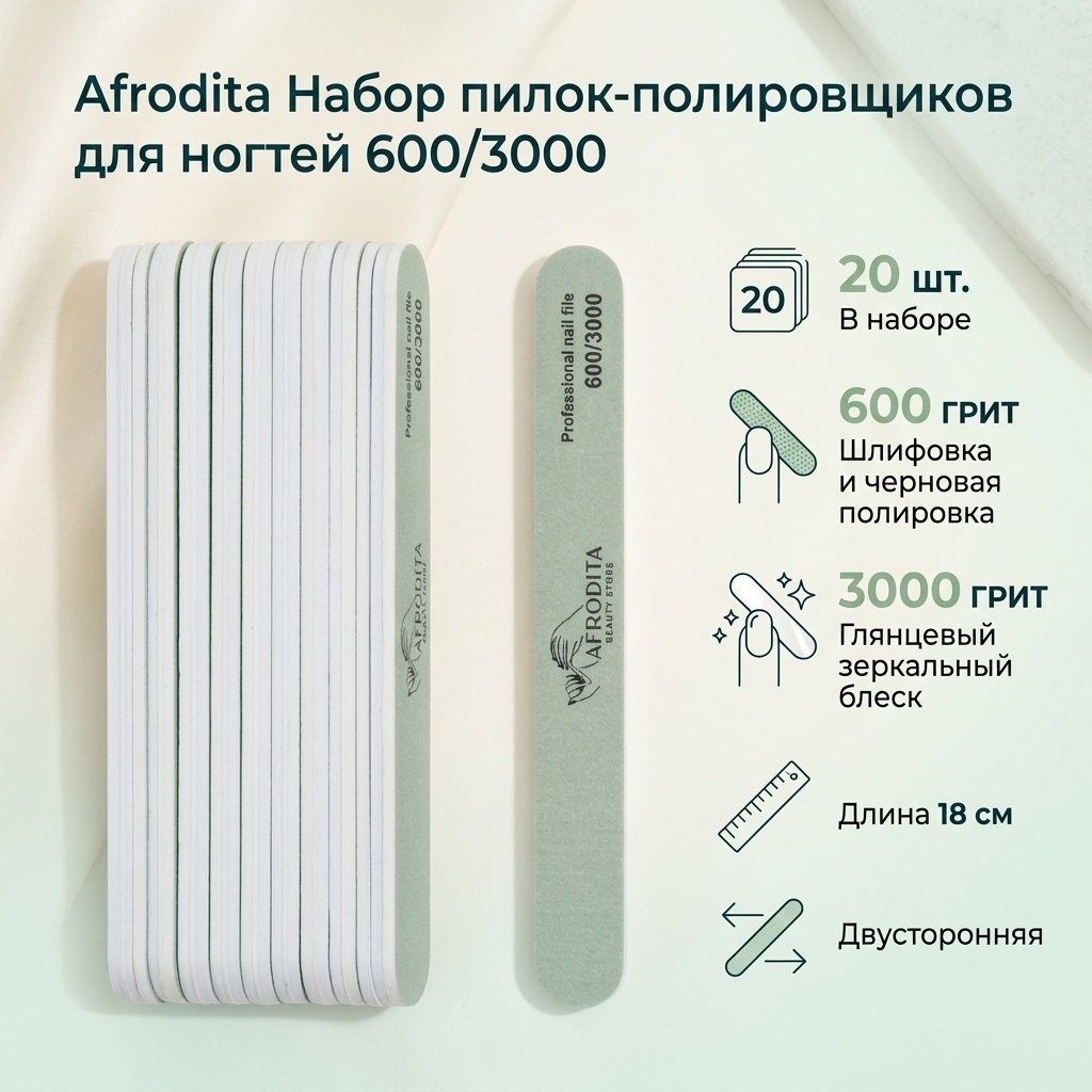 Afrodita баф для ногтей, маникюрная пилка 600/3000 20 шт
