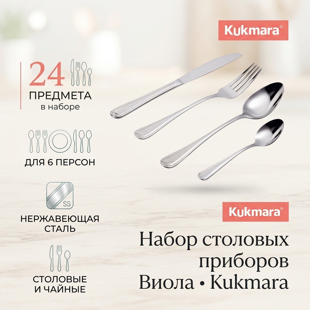 Набор столовых приборов Kukmara 24 шт, серебристый Виола