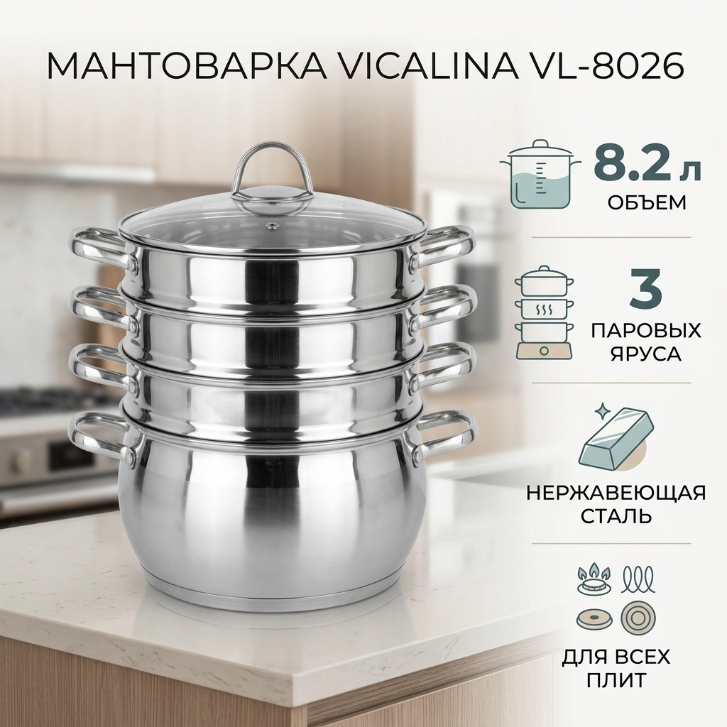 Мантоварка 8.2 л, нержавеющая сталь, количество ярусов: 3