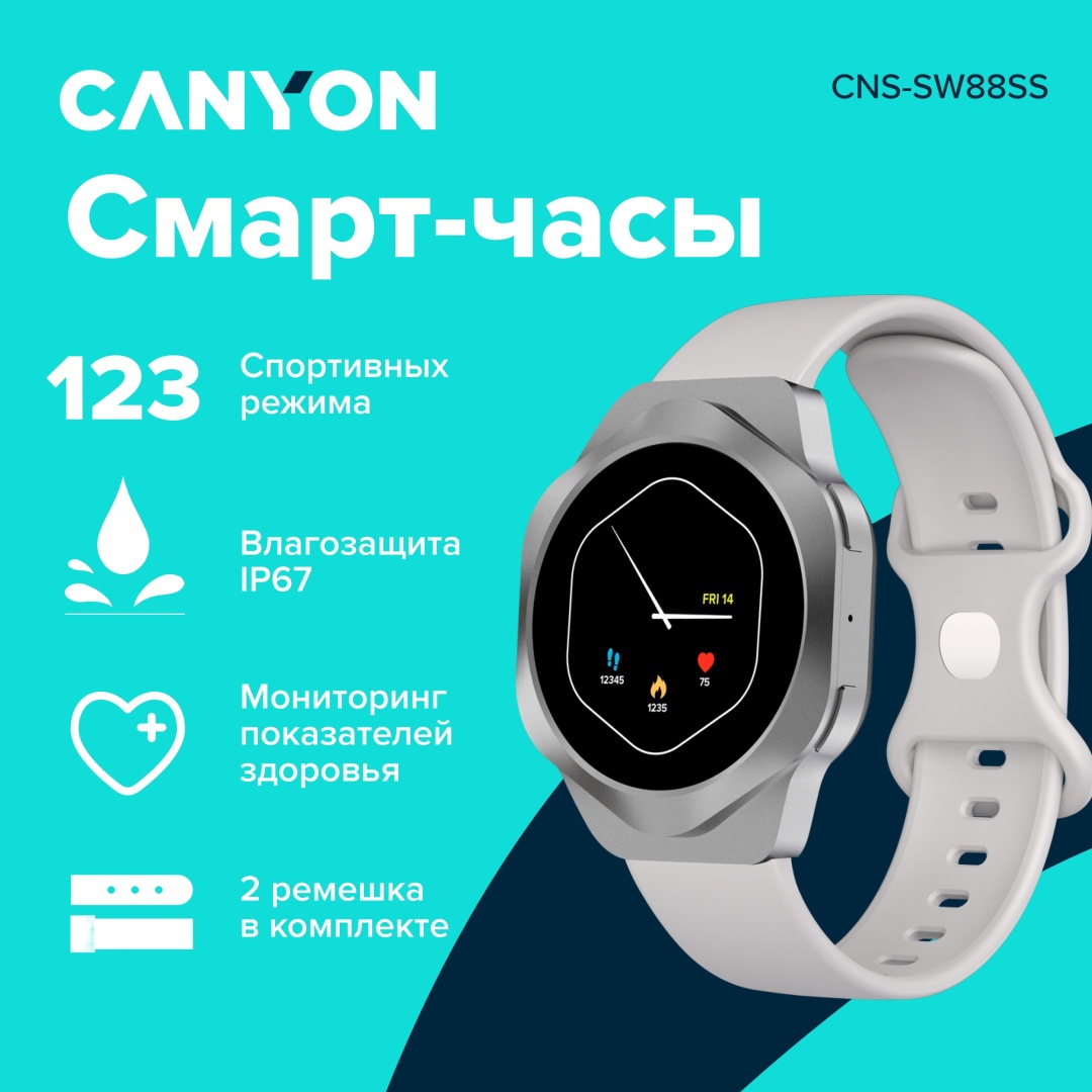 Смарт-часы Canyon Hexagon SW-88 45 мм серебристый