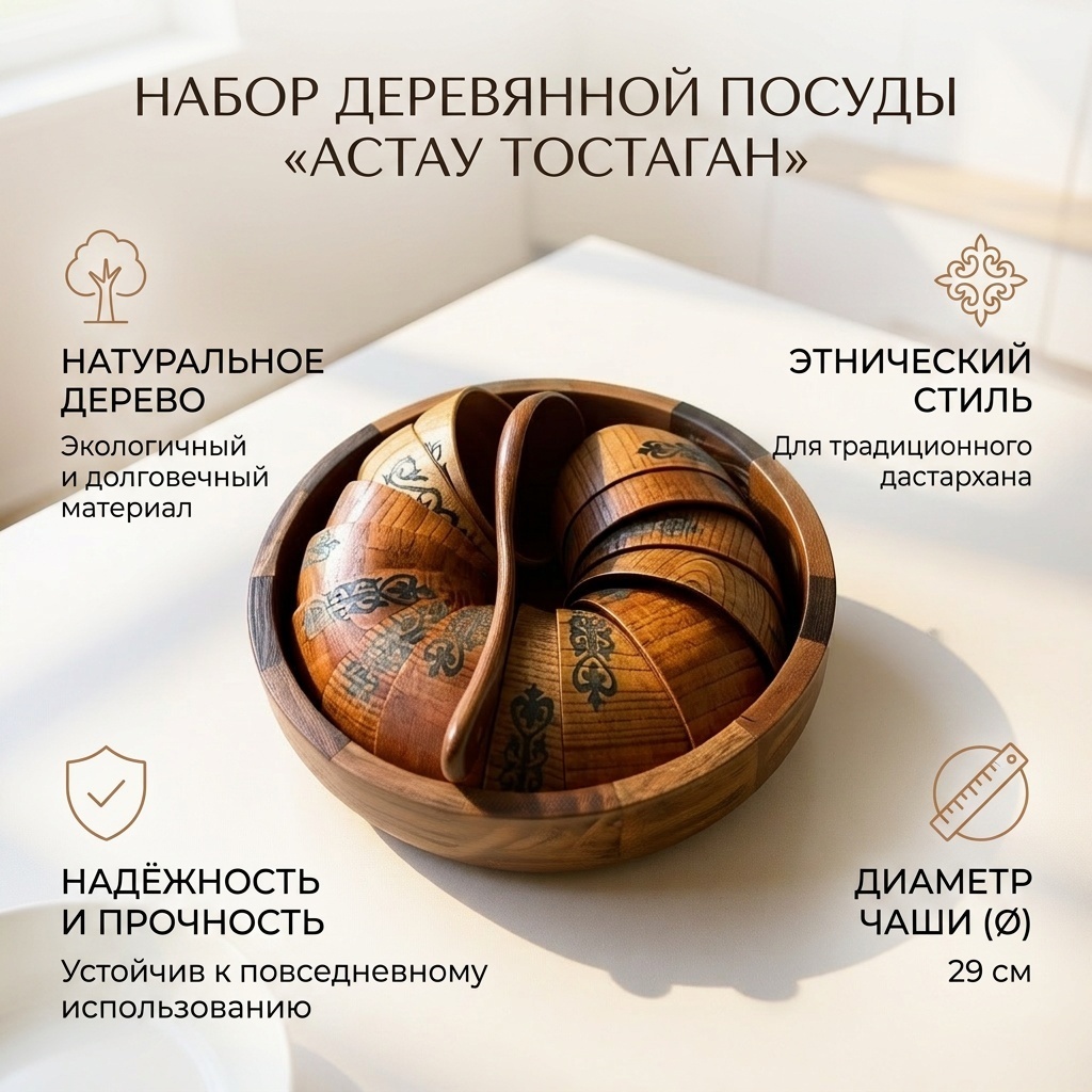 Астау Тостаган, пиала,ковш 40х40 см, дерево, 14 шт