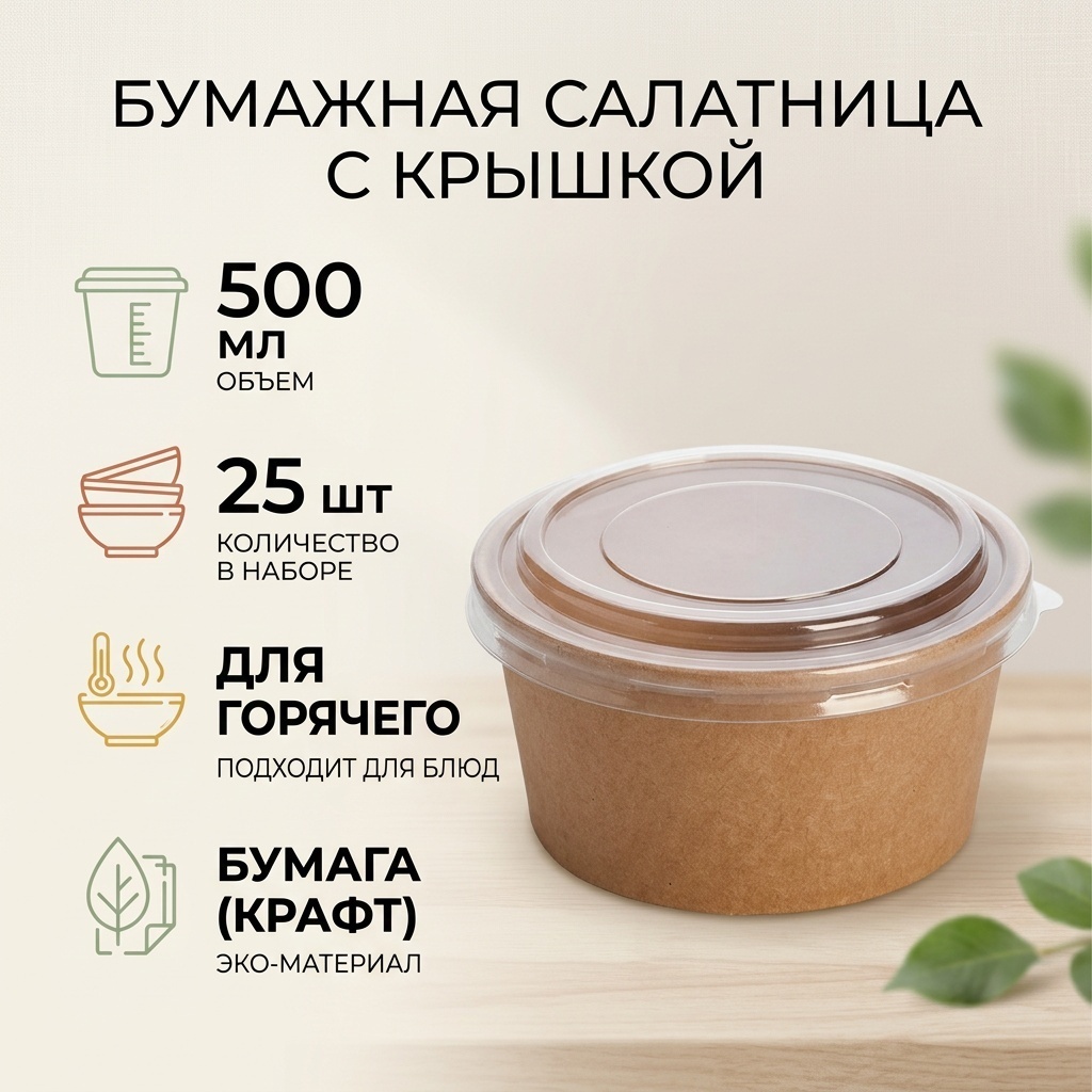 Бумажная салатница с прозрачной крышкой 500мл, 25шт