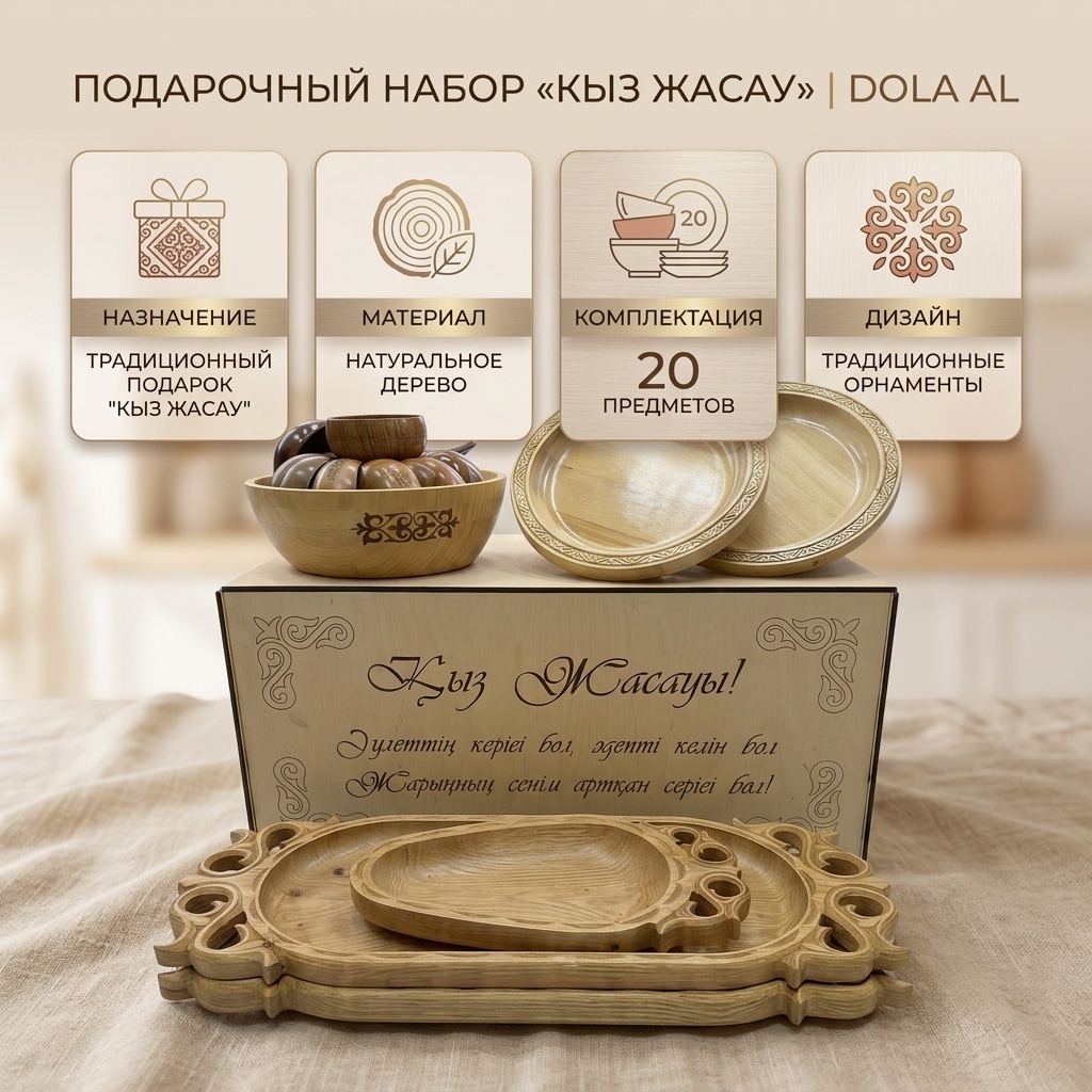 Астау Астау 2 шт бас 1 шт сандык 1 шт куырдашница 2 шт кесе 12 шт кымызница 1 шт ожау 1 шт 70х30 см, дерево, 2 шт