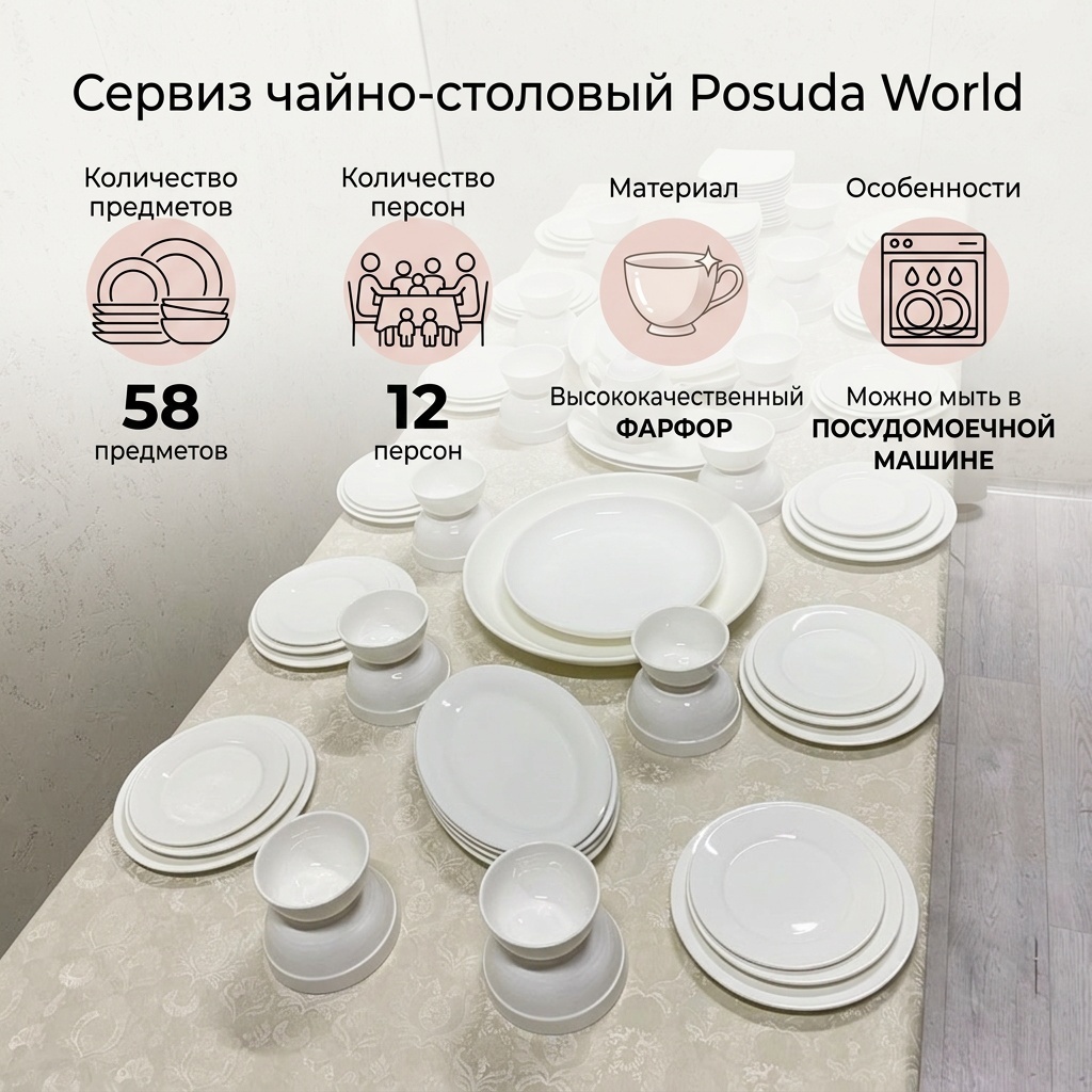 Сервиз на 12 персон Posuda World 46289674512, предметов: 58, чайно-столовый, фарфор