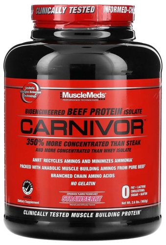 Протеин MuscleMeds Carnivor, изолят говяжьего белка, полученный с помощью биоинженерии, со вкусом клубники, 1652 г клубника 1652 г