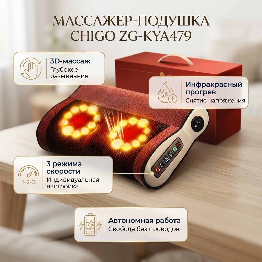Массажер CHIGO ZG-KYA479 подушка разминающий, разогревающий, растирающий, инфракрасный прогрев