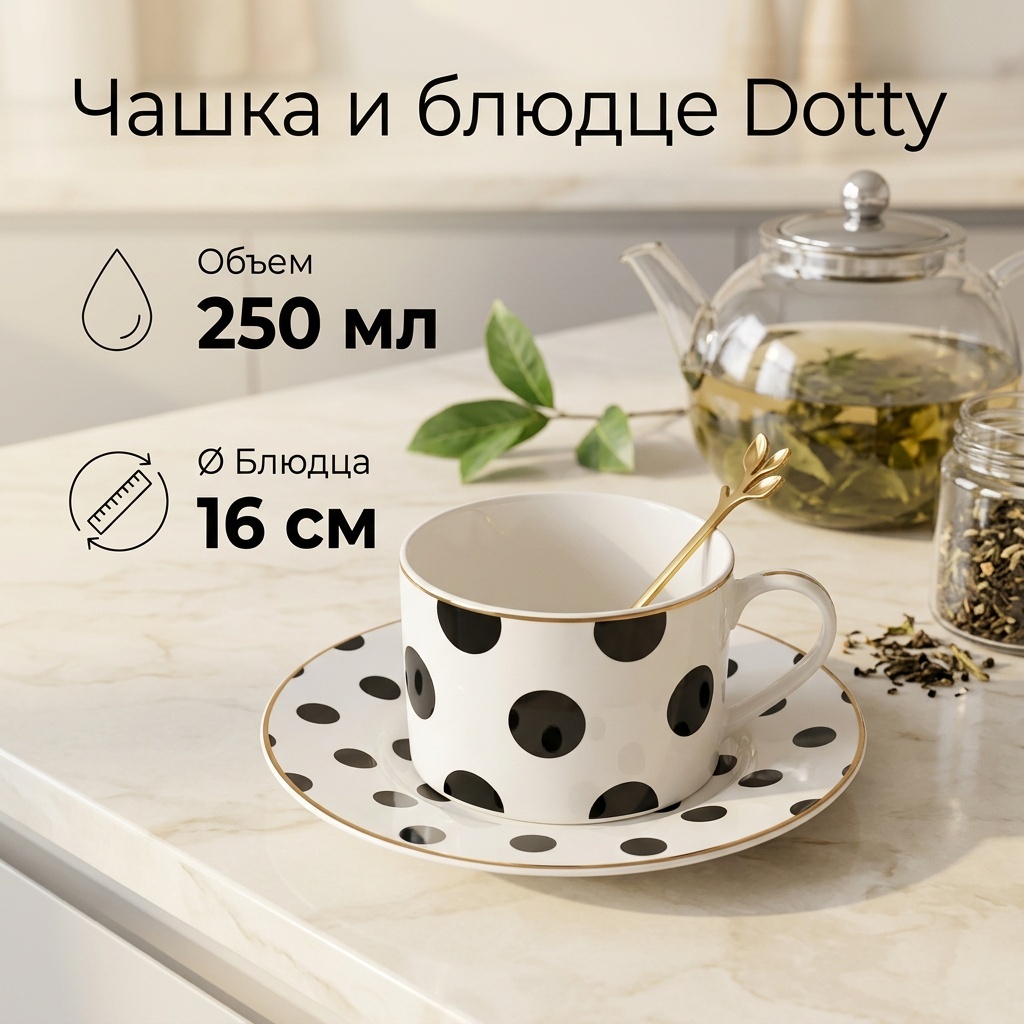 Чайная пара в горошек, 250 мл, фарфор, 1 шт.