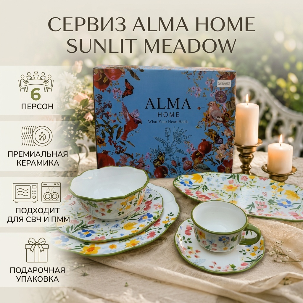 Сервиз на 6 персон Alma Home Sunlit Meadow, предметов: 32, чайно-столовый, керамика