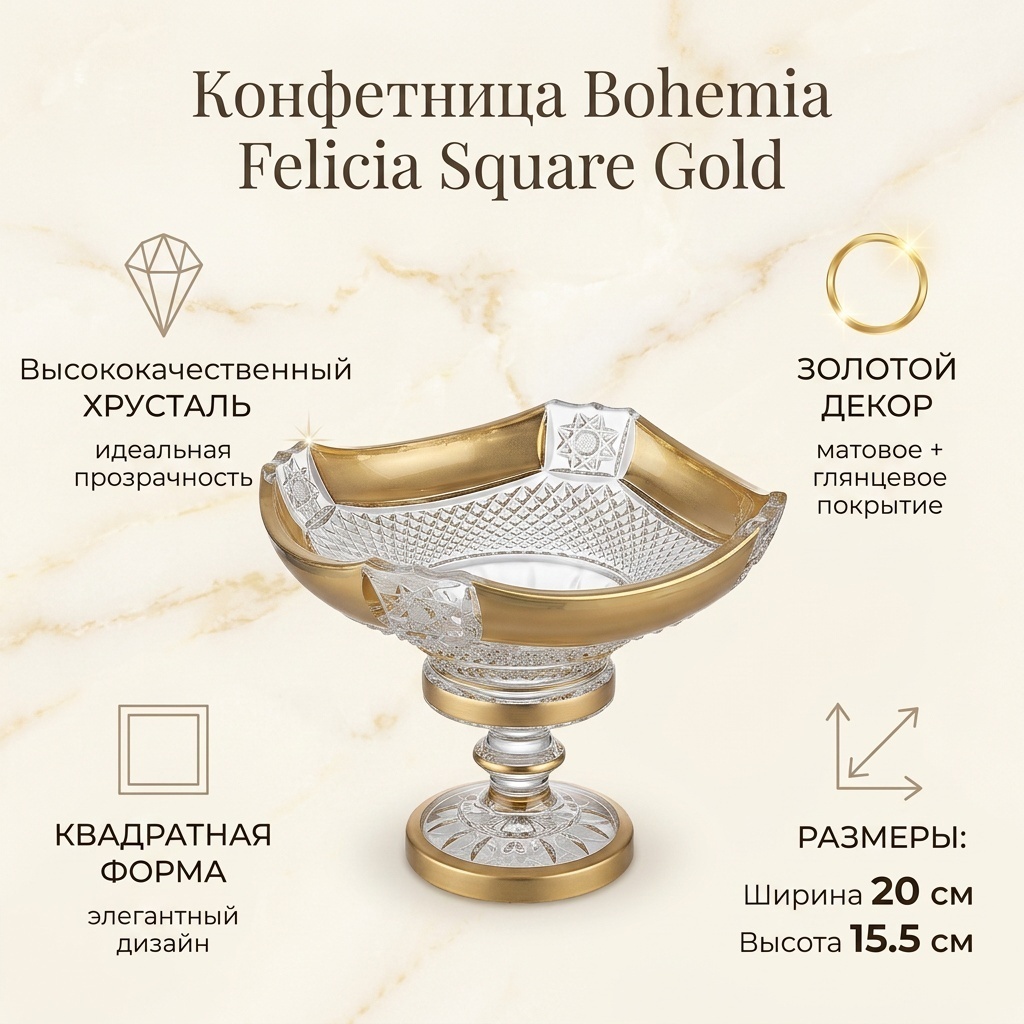 Bohemia конфетница Felicia Square Gold 60552/3080/20 квадратная 1 шт