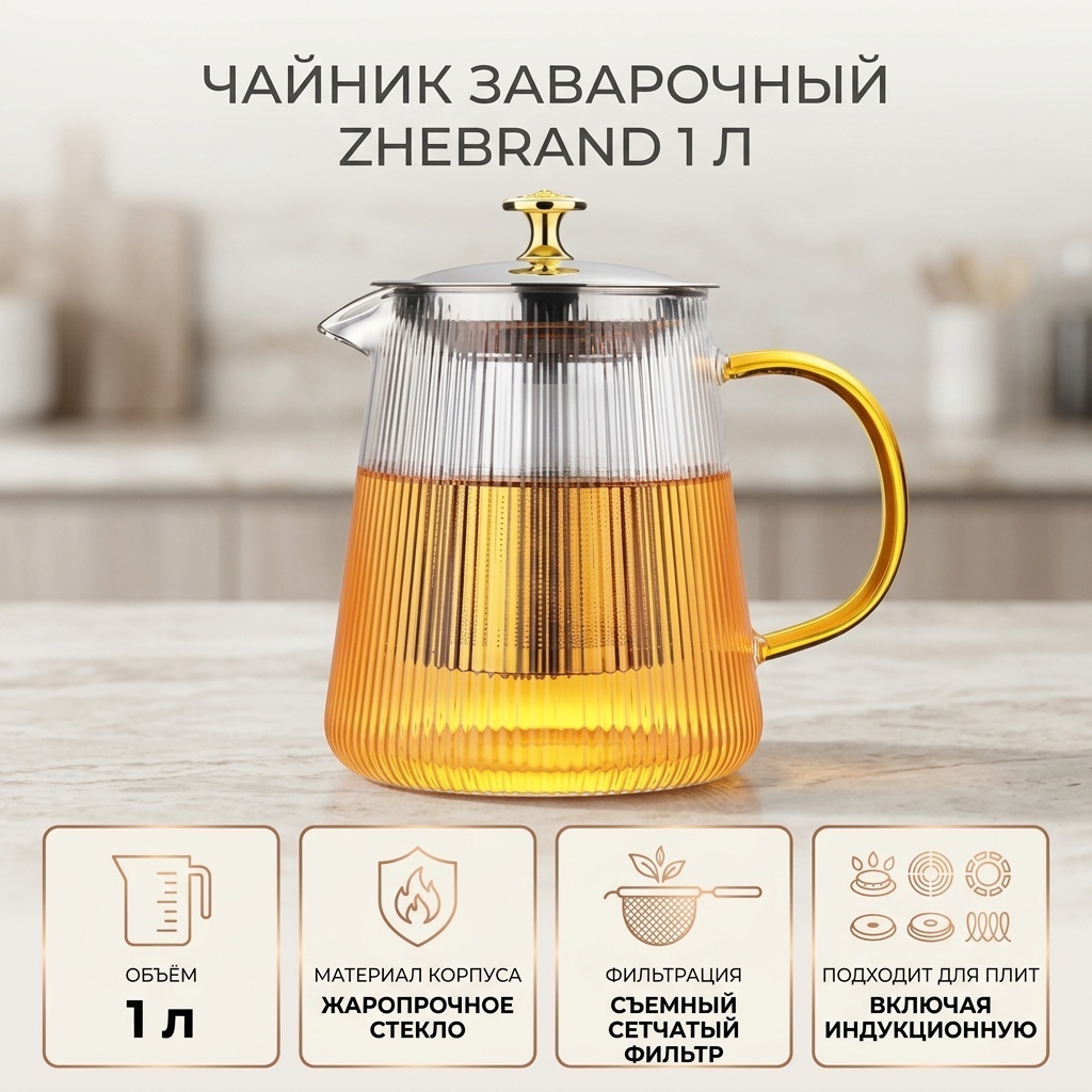 Чайник ZheBrand чайник заварочный 1 л, жаропрочное стекло