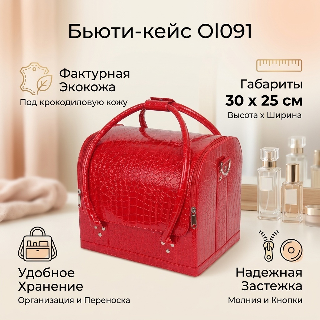 Бьюти-кейс пластик, резина, искусственная кожа, МДФ красный 30X25 см