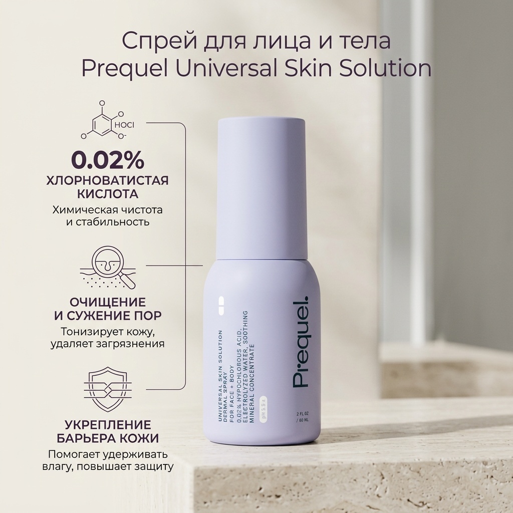 Prequel спрей Universal Skin Solution hypochlorous acid spray - спрей с хлорноватистой кислотой 60 мл