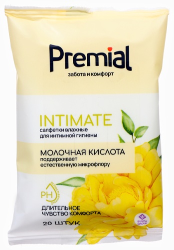 Влажные салфетки Premial Влажные салфетки Premial, для интимной гигиены с молочной кислотой, 20 шт. 20 шт