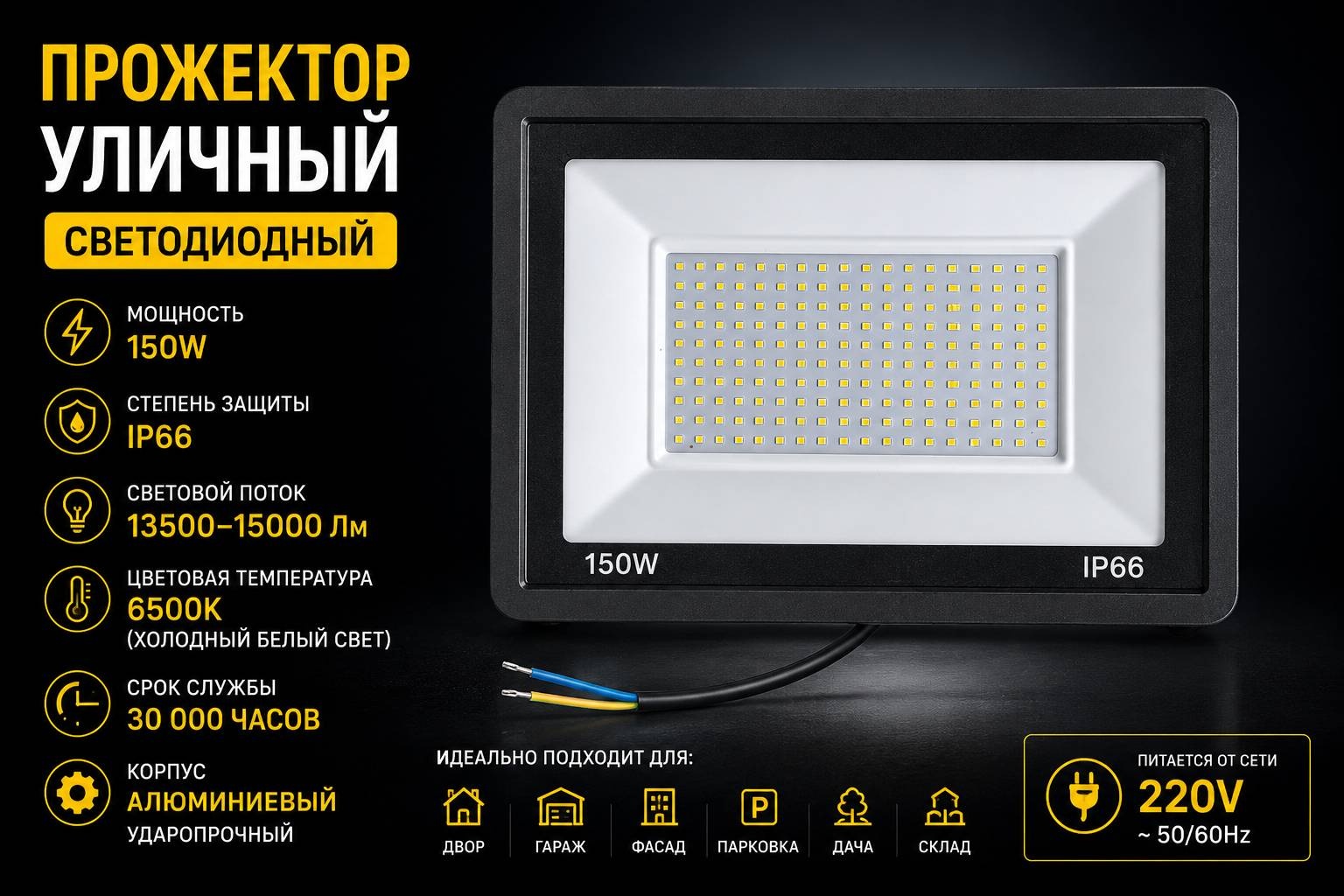 Прожектор на кронштейне MIKROL 150 Вт, холодный белый