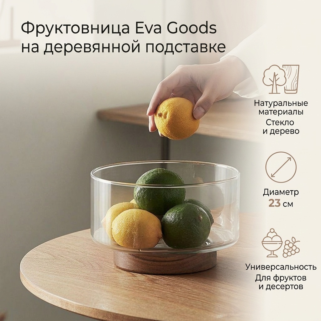 Eva Goods фруктовница на стильной деревянной подставке, круглая 1 шт