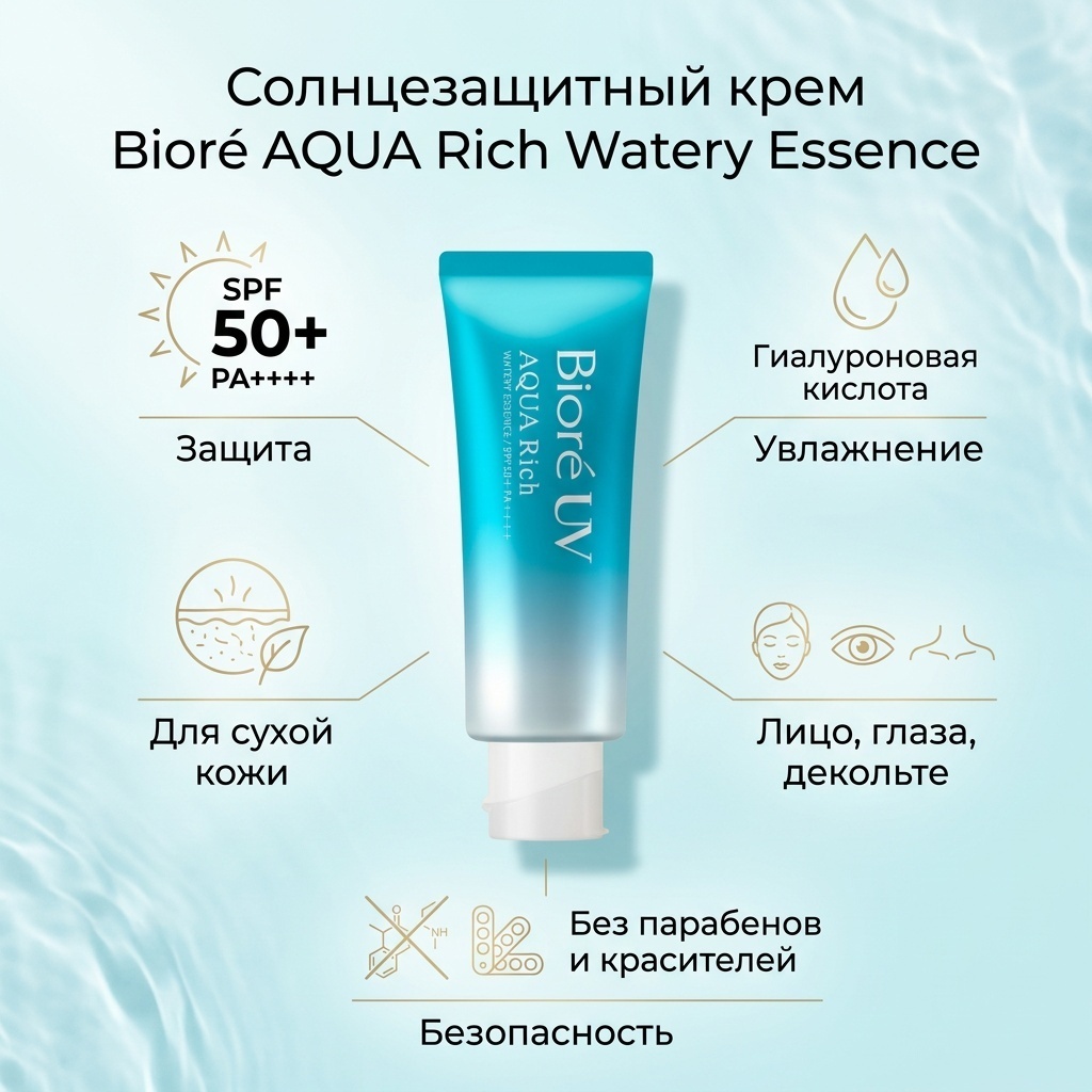 Biore крем AQUA Rich SPF50+++ для лица, для области вокруг глаз, для зоны декольте 70 г