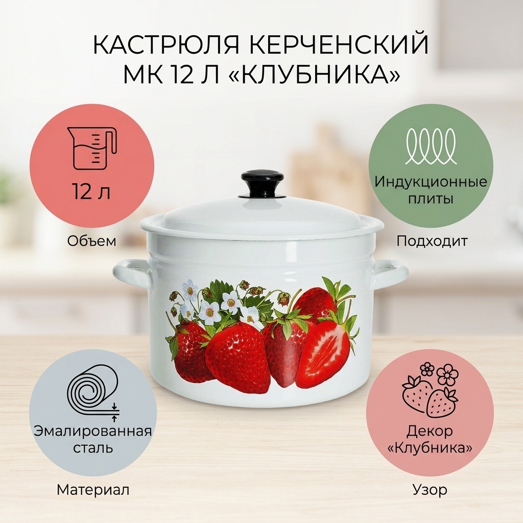 Кастрюля 12 л, Керченский МК 41804-242/6 Клубника сталь