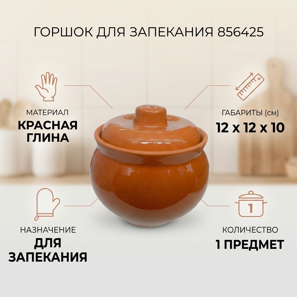 Горшок для запекания красная глина, 1 шт