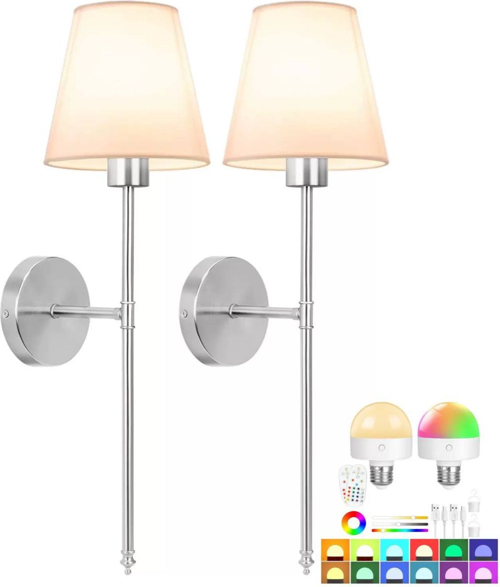 Бра без проводов, RGB лампочки, белый, серебро 2шт