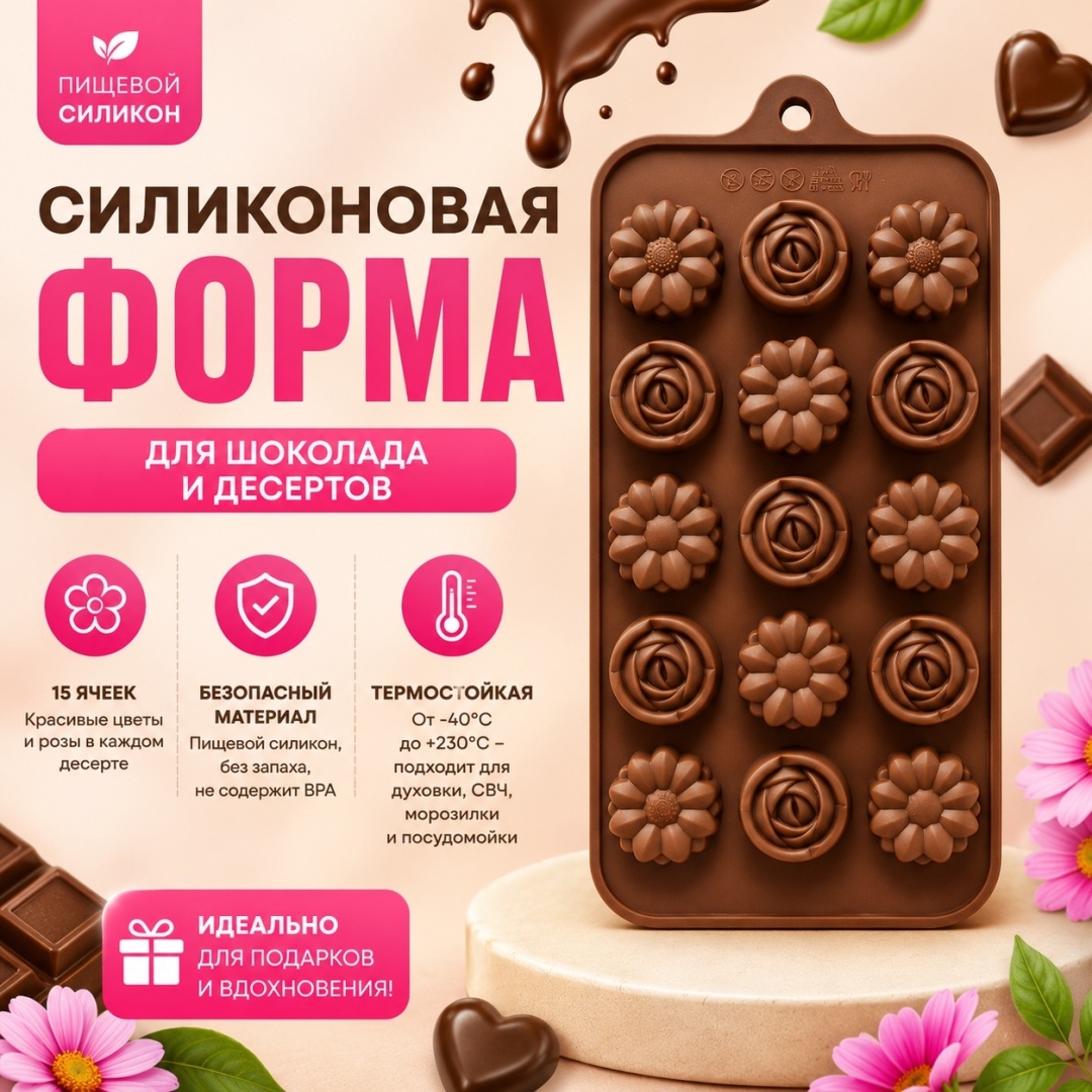 R.I.M. для льда, для конфет, для шоколада RIM-FLOWER-15, силикон