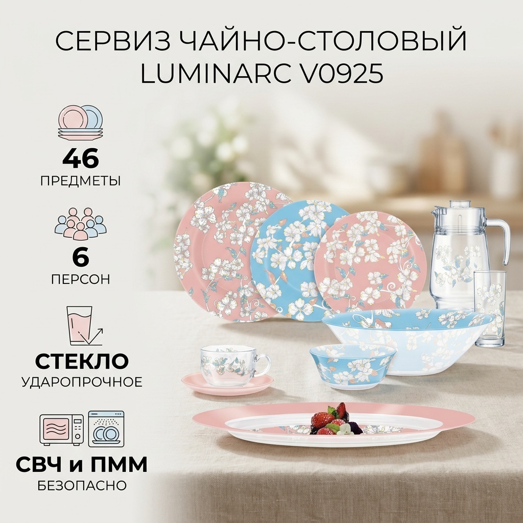 Сервиз на 6 персон Luminarc цветочный, предметов: 46, чайно-столовый, стекло