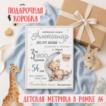 ASGM фоторамка Метрика ребенка в рамке А4 Детская метрика новорожденного с именем Подарок новорожденному Для мальчика
