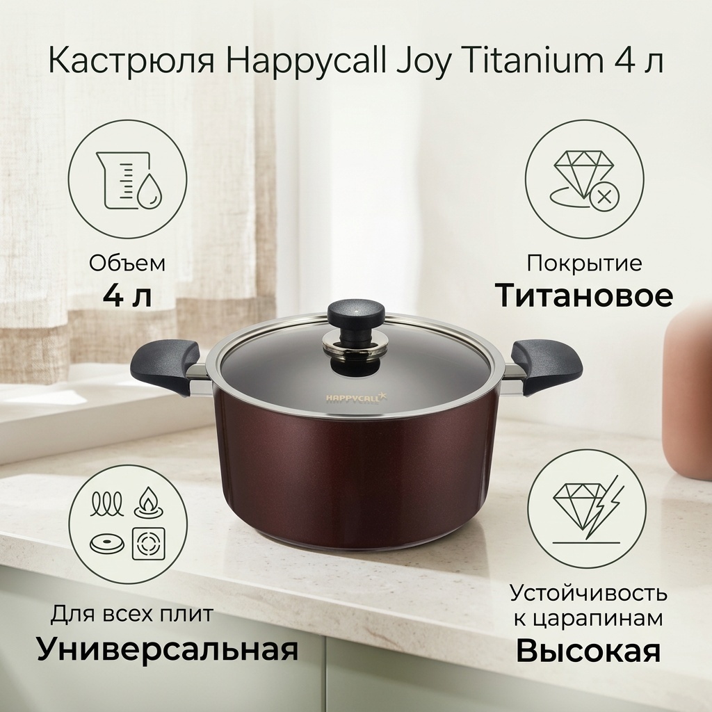 Кастрюля 4 л, Happycall Joy Titanium IH Bear алюминий