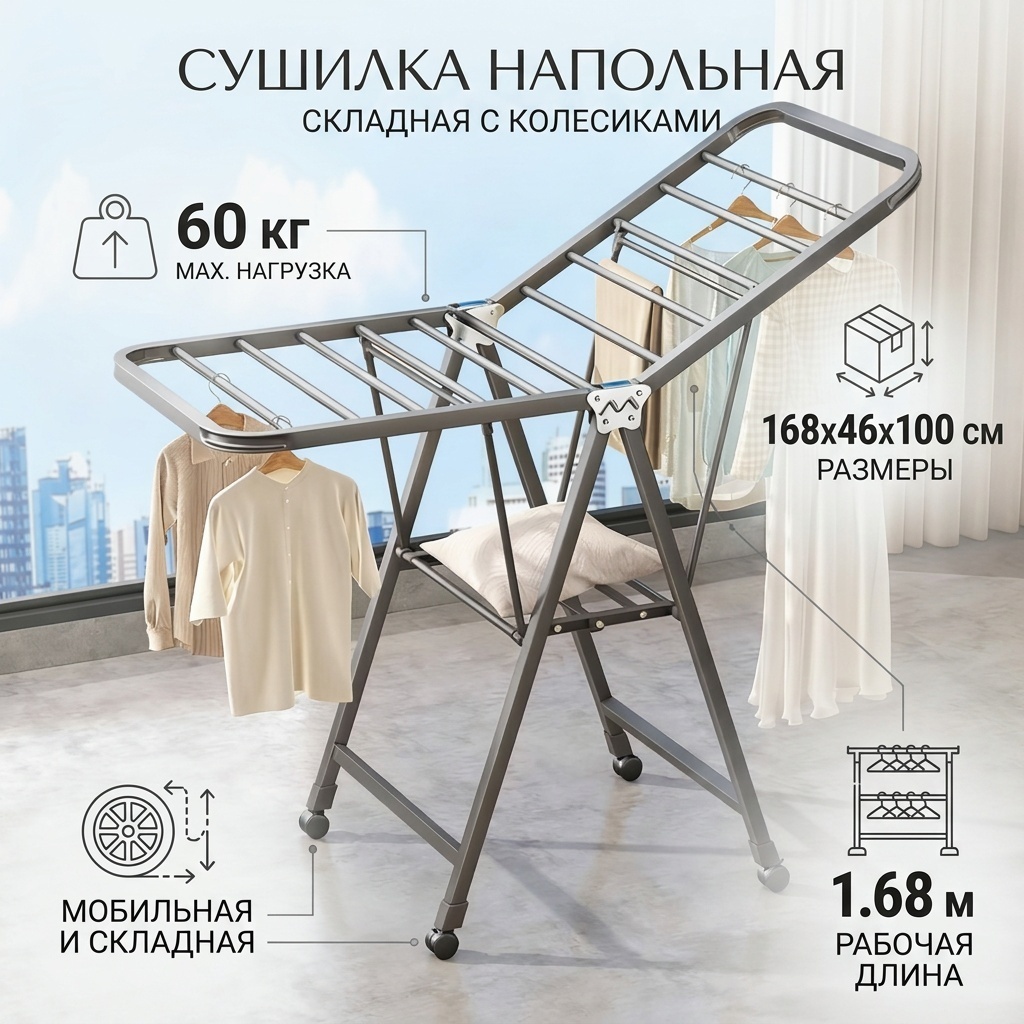 Сушилка напольная 46x168x100 см, кол-во уровней: 3, металл