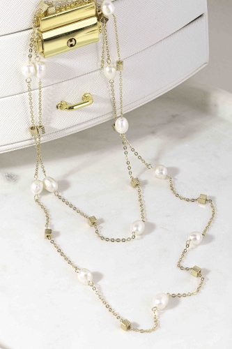 Цепь Lady accessories длина 60 см бижутерный сплав жемчуг