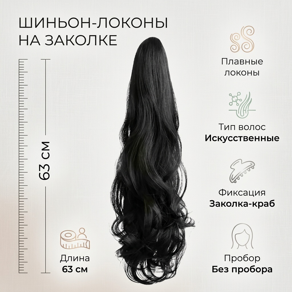 Шиньон на заколке черный женский 63 см