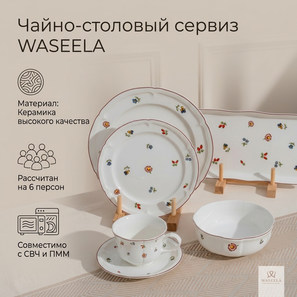 Сервиз на 6 персон WASEELA flowers, предметов: 32, чайно-столовый, керамика