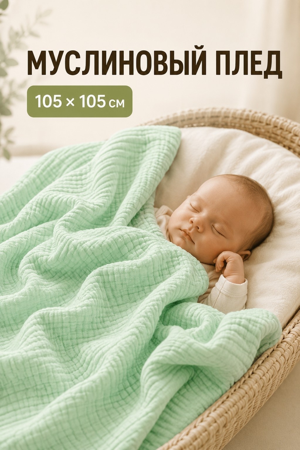 Детский плед 105х105 см, муслин, фисташковый