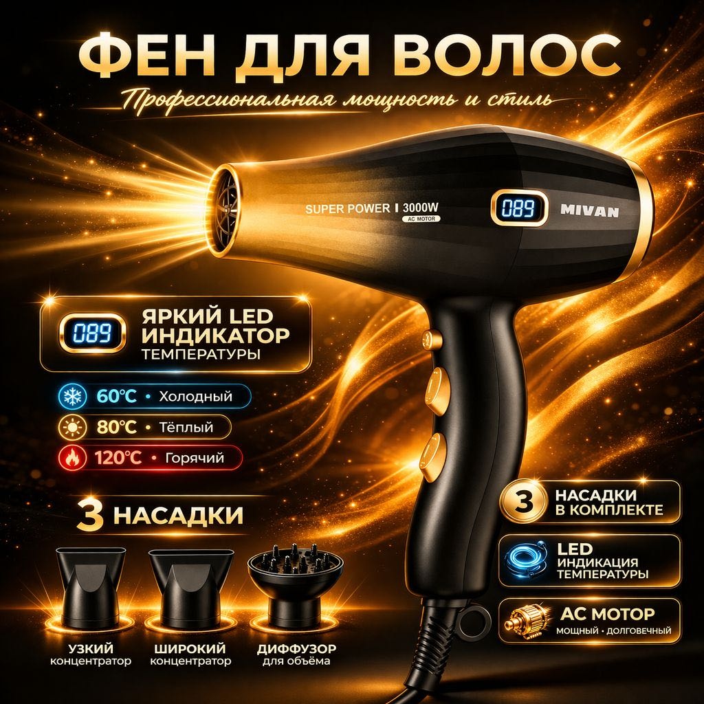 MIVAN MI-FE372 фен черный, золотой
