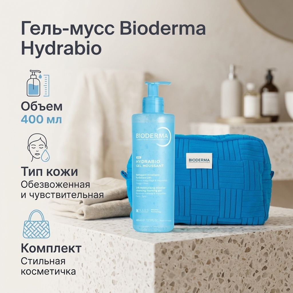 Bioderma Hidrabio Gel Moussant with Makeup Bag гель-мусс 400 мл