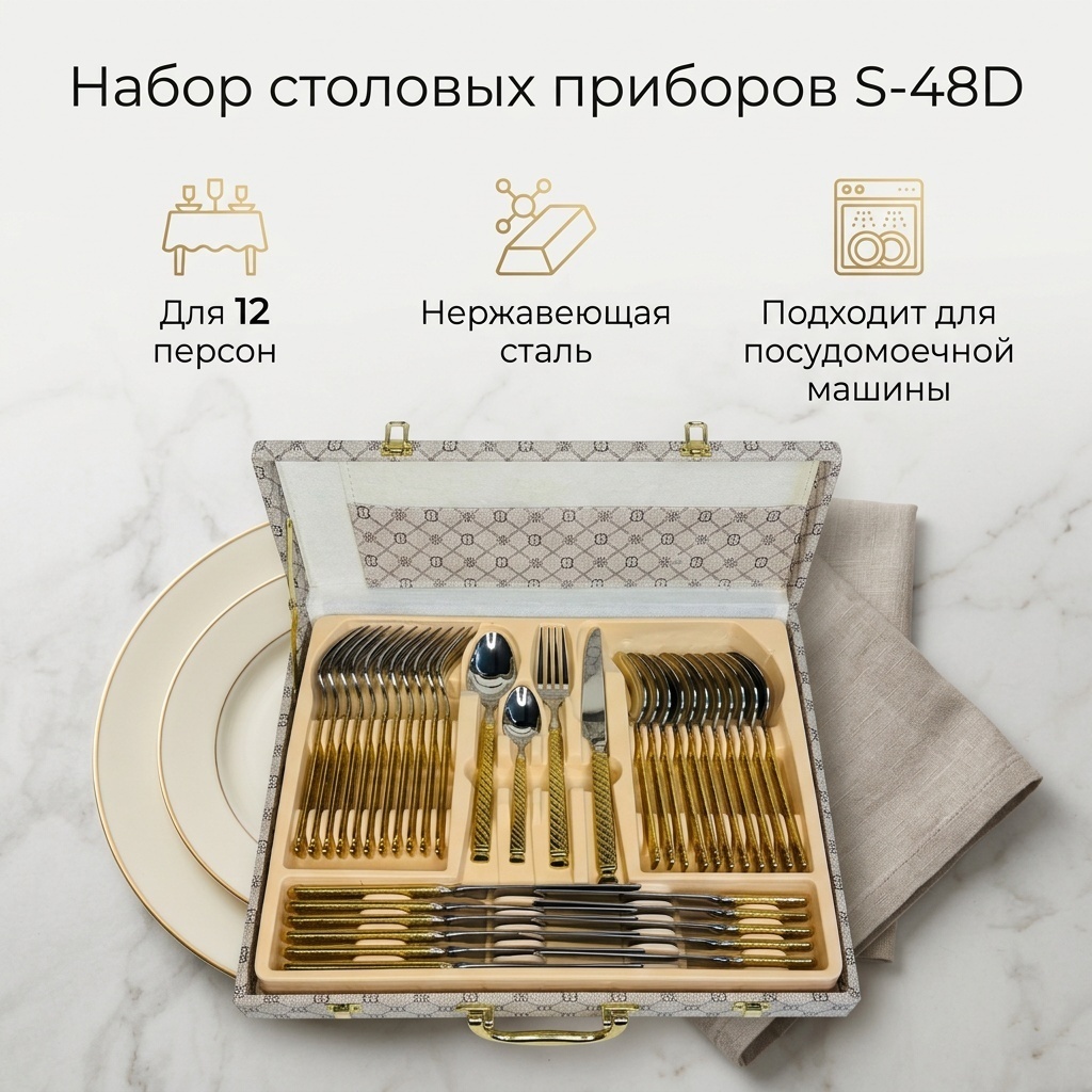 Набор столовых приборов 48 шт, золотистый, серебристый S-48D