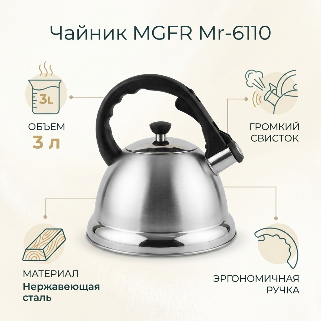 MGFR чайник Mr-6110 3 л, нержавеющая сталь