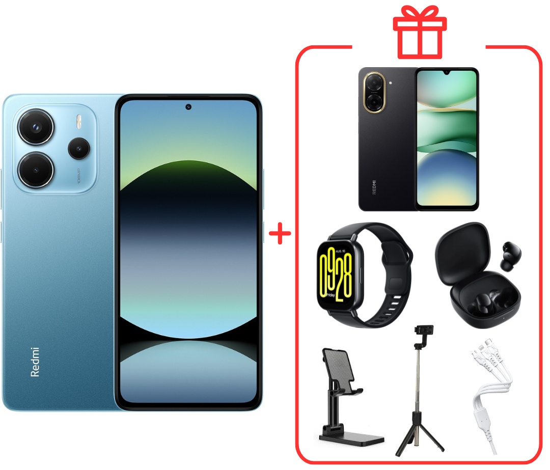 Смартфон Xiaomi Redmi Note 14 + Redmi A5 black + Redmi Watch 5 Active + Redmi Buds 6 Play + подставка для телефона + интерфейсный кабель 3 в 1 + трипод 8 ГБ/256 ГБ голубой