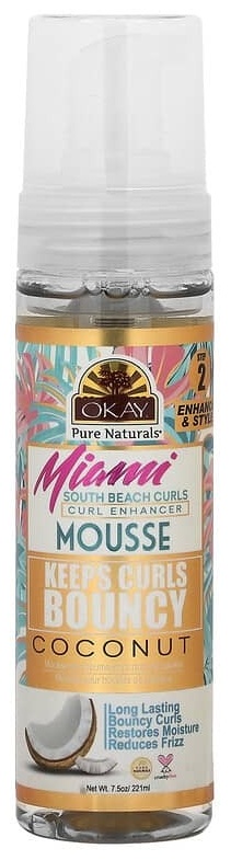 Okay Pure Naturals Miami South Beach Curls, кокосовый мусс для локонов, 221 мл (7,5 унции) мусс средняя фиксация 220 мл
