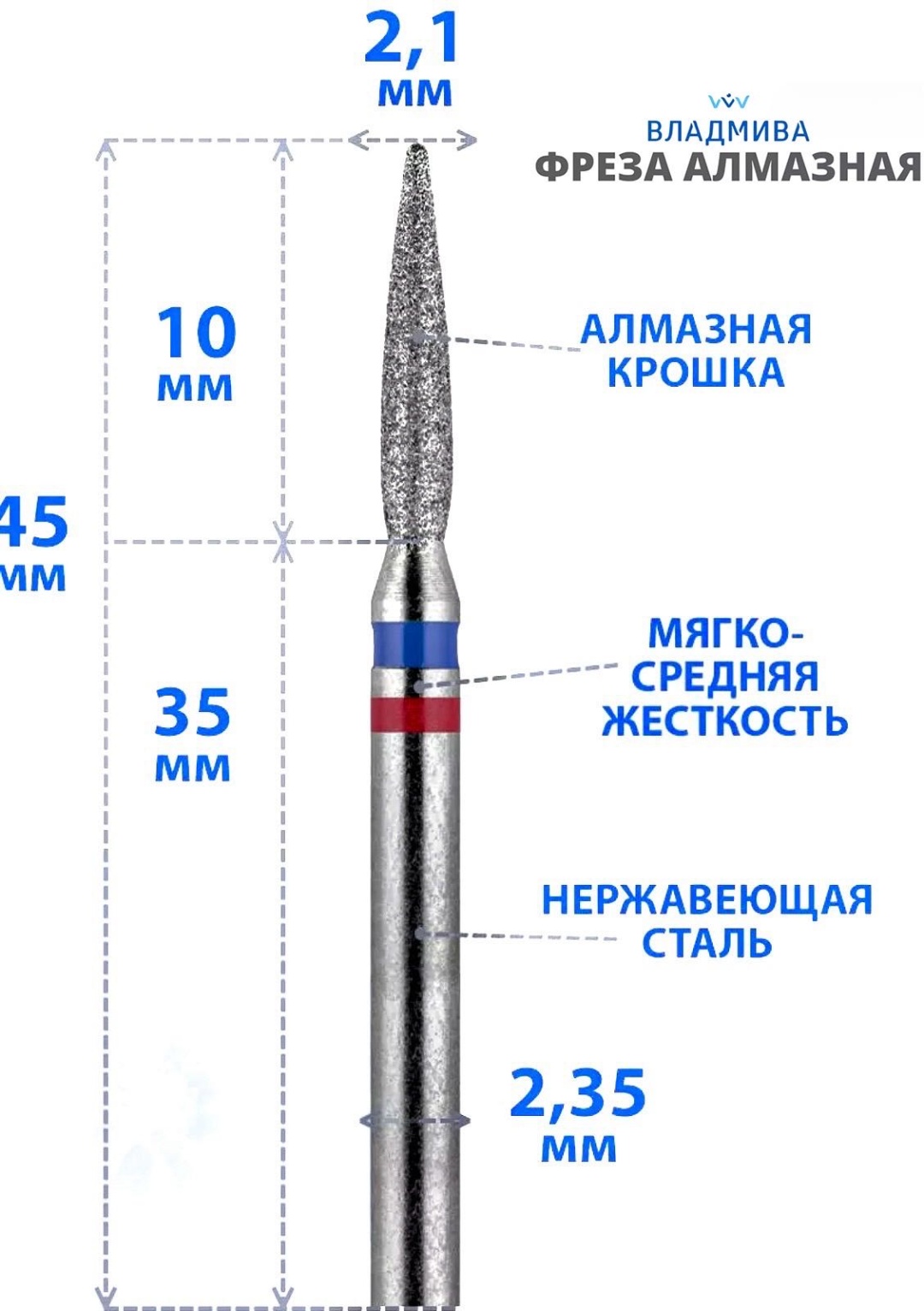 Насадка Vladmiva 115.021ПК фреза пламя острая удлиненная насечка красная, синяя 1 шт