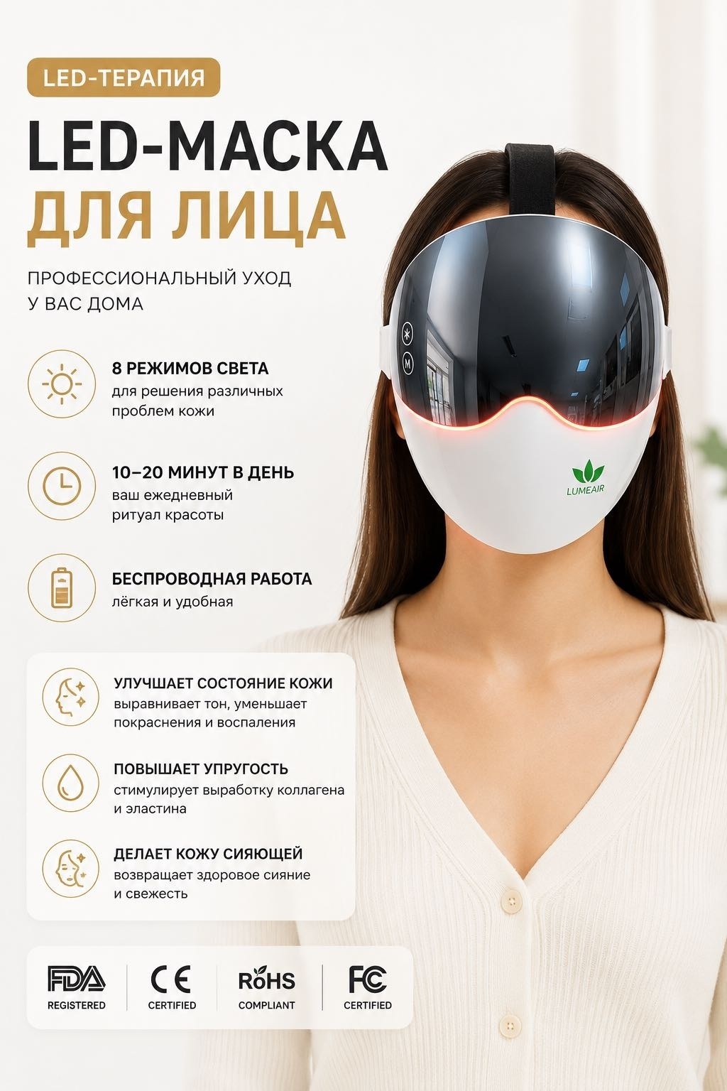 LUMEAIR инфракрасная лампа, аппарат светодиодной LED терапии, светодиодная маска для лица, светотерапия
