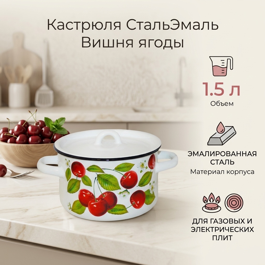 Кастрюля 1.5 л, СтальЭмаль Вишня ягоды 1с15с/1 сталь