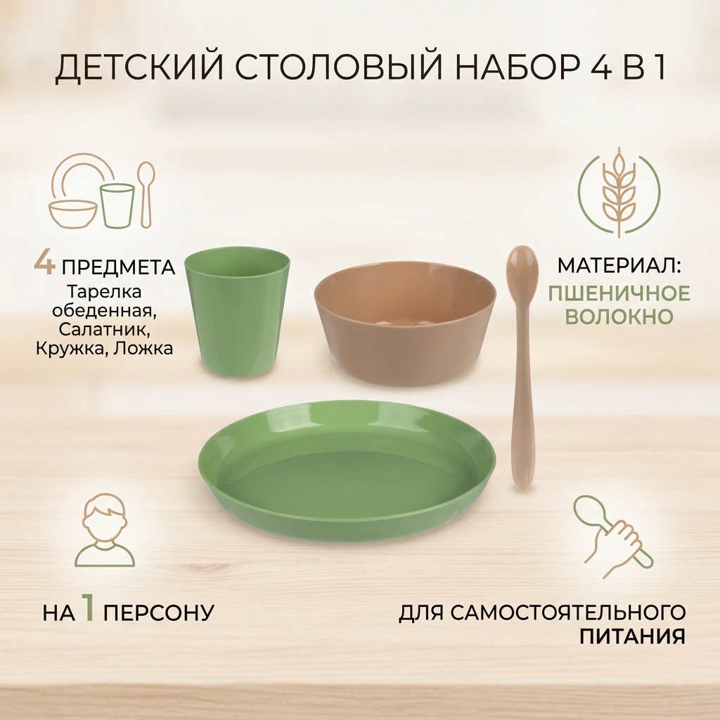 Сервиз на 1 персону , предметов: 4, столовый, пшеничное волокно