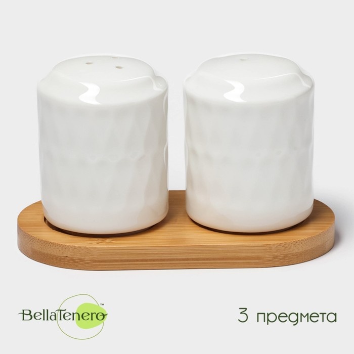 BellaTenero набор для специй на деревянной подставке «Герда», солонка 85 мл, перечница 85 мл, фарфор, бамбук