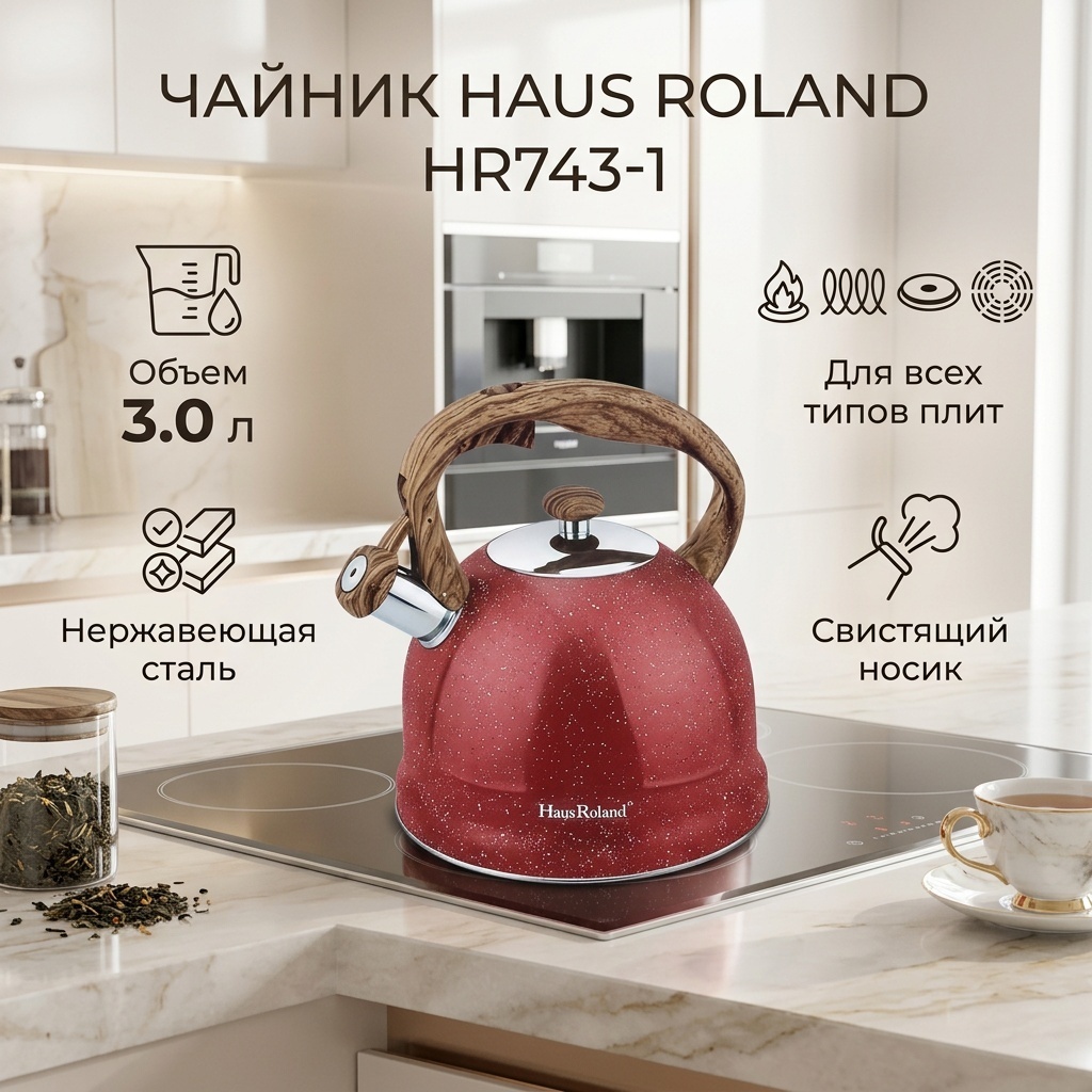 Haus Roland чайник HR743-1 3 л, нержавеющая сталь