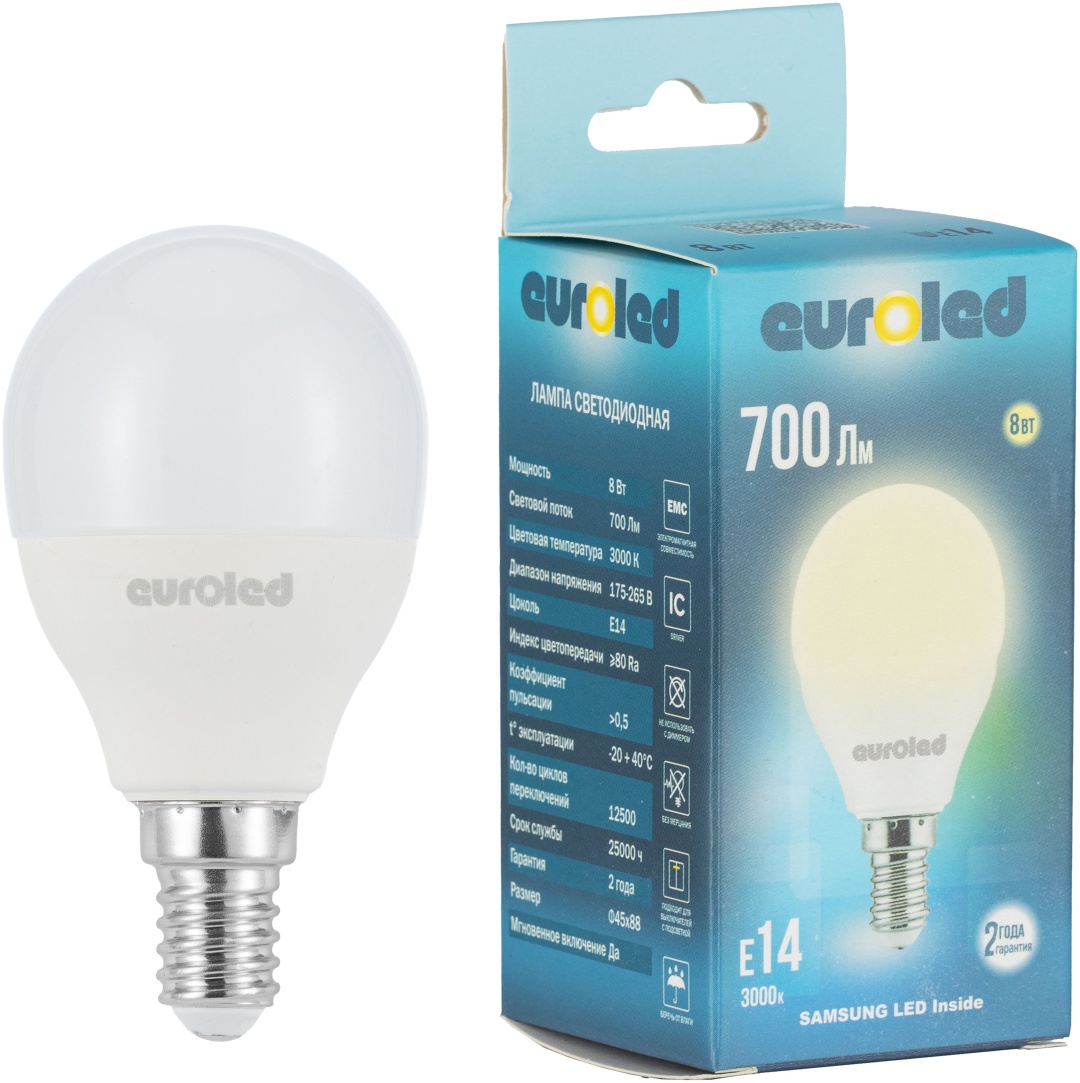 EUROLED 8W Е14, светодиодная, теплый белый
